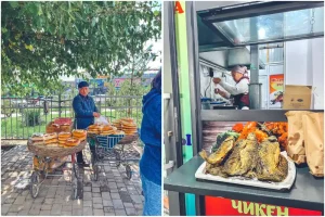 venditore di pane e pesce pronto al bazar